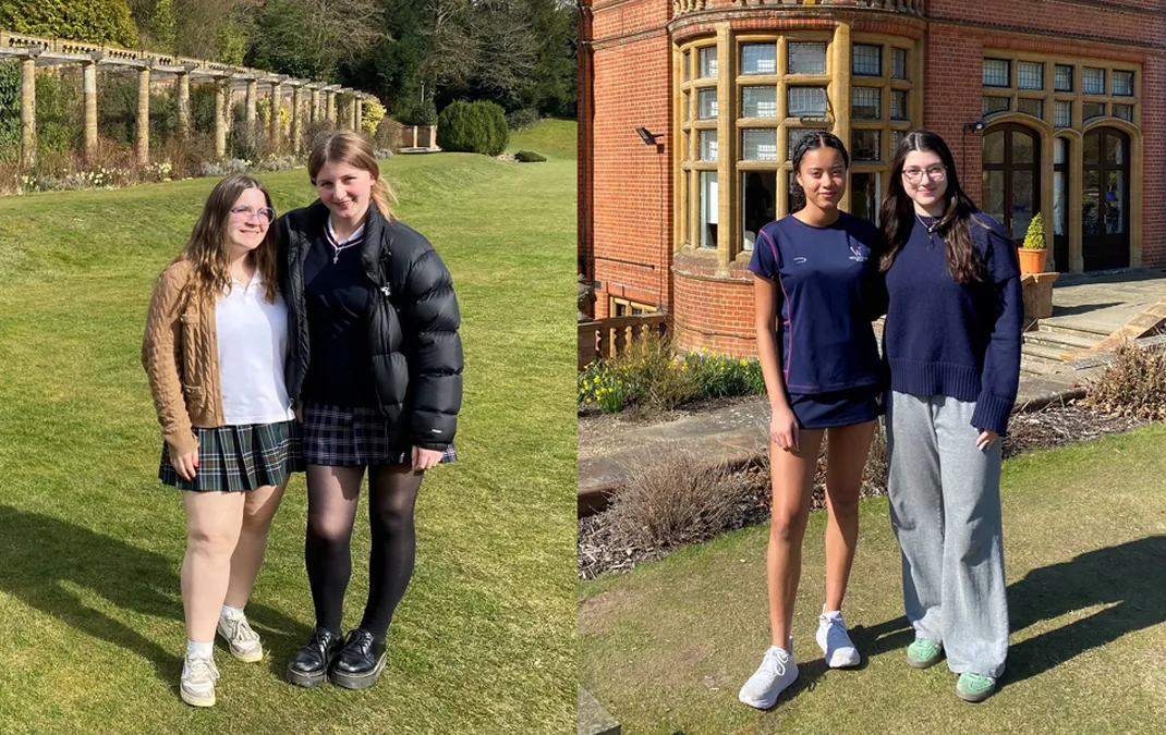 Mira and Anjola welcome their US Sacred Heart exchange partners to Woldingham